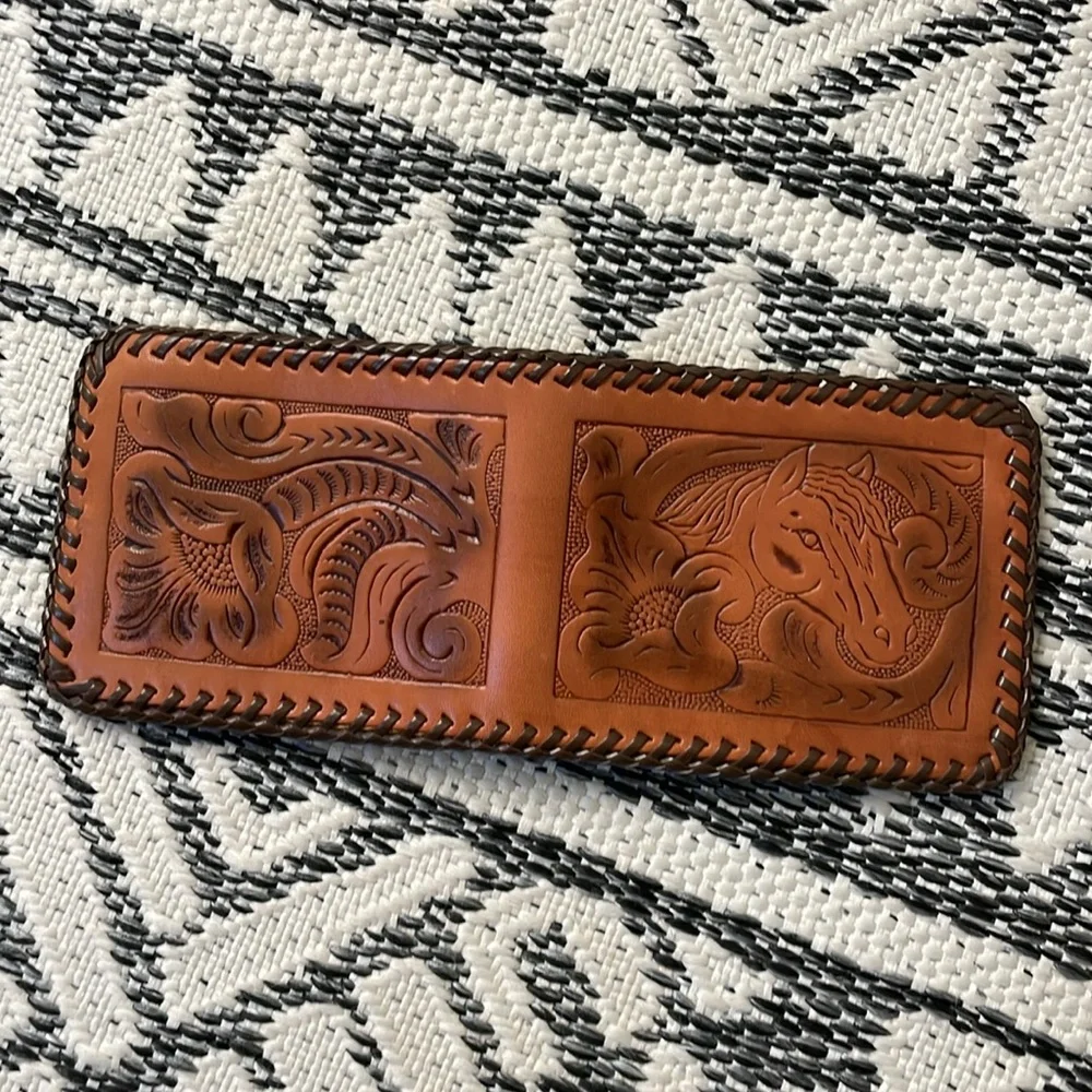 VTG Hand-Stitched Leather Wallet with Horse/Floral Pattern